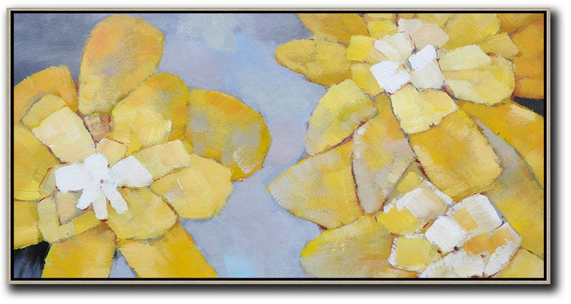 Extra Large Abstract Painting On Canvas,Horizontal Palette Knife Contemporary Art,Extra Large Canvas Painting,Dusty Blue,Yellow,White.etc